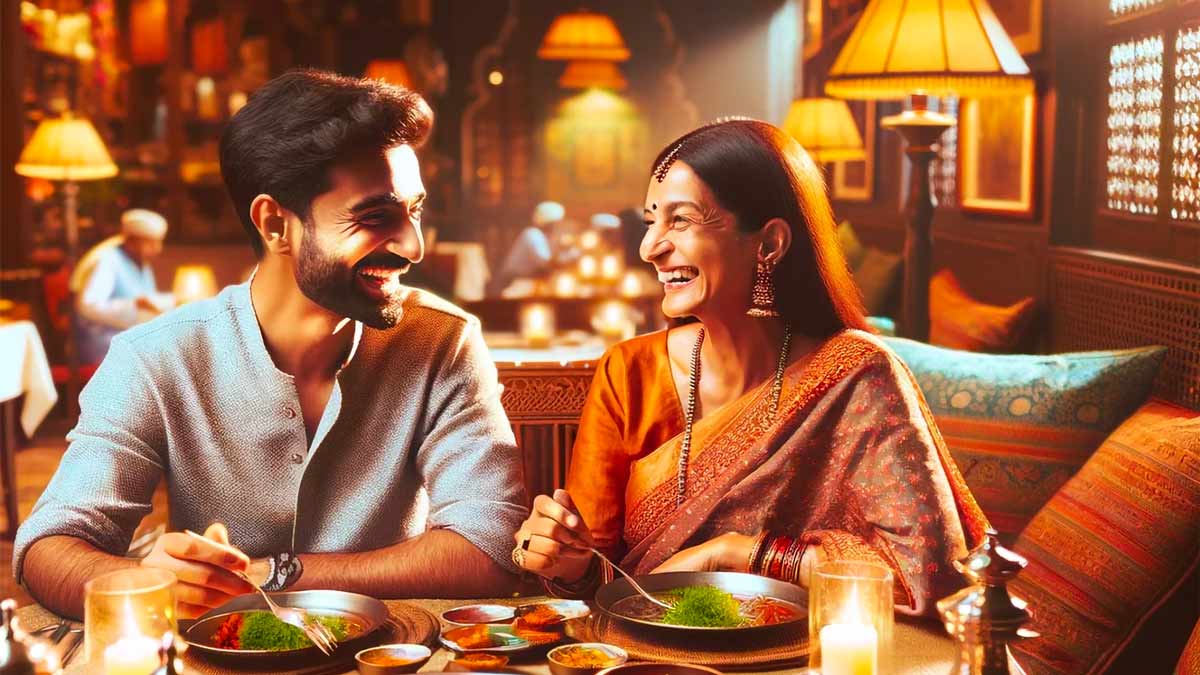 Couple indien profitant d'un repas ensemble dans un restaurant
