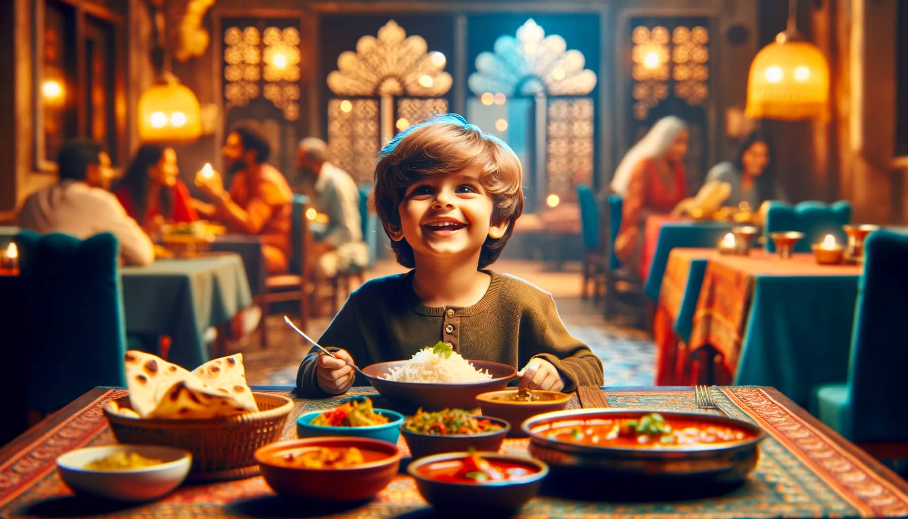 a child is sitting at a table, happily eating traditional Indian food in Paris
